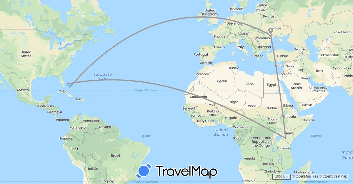 TravelMap itinerary: driving, plane, boat in Bahamas, Kenya, Moldova (Africa, Europe, North America)